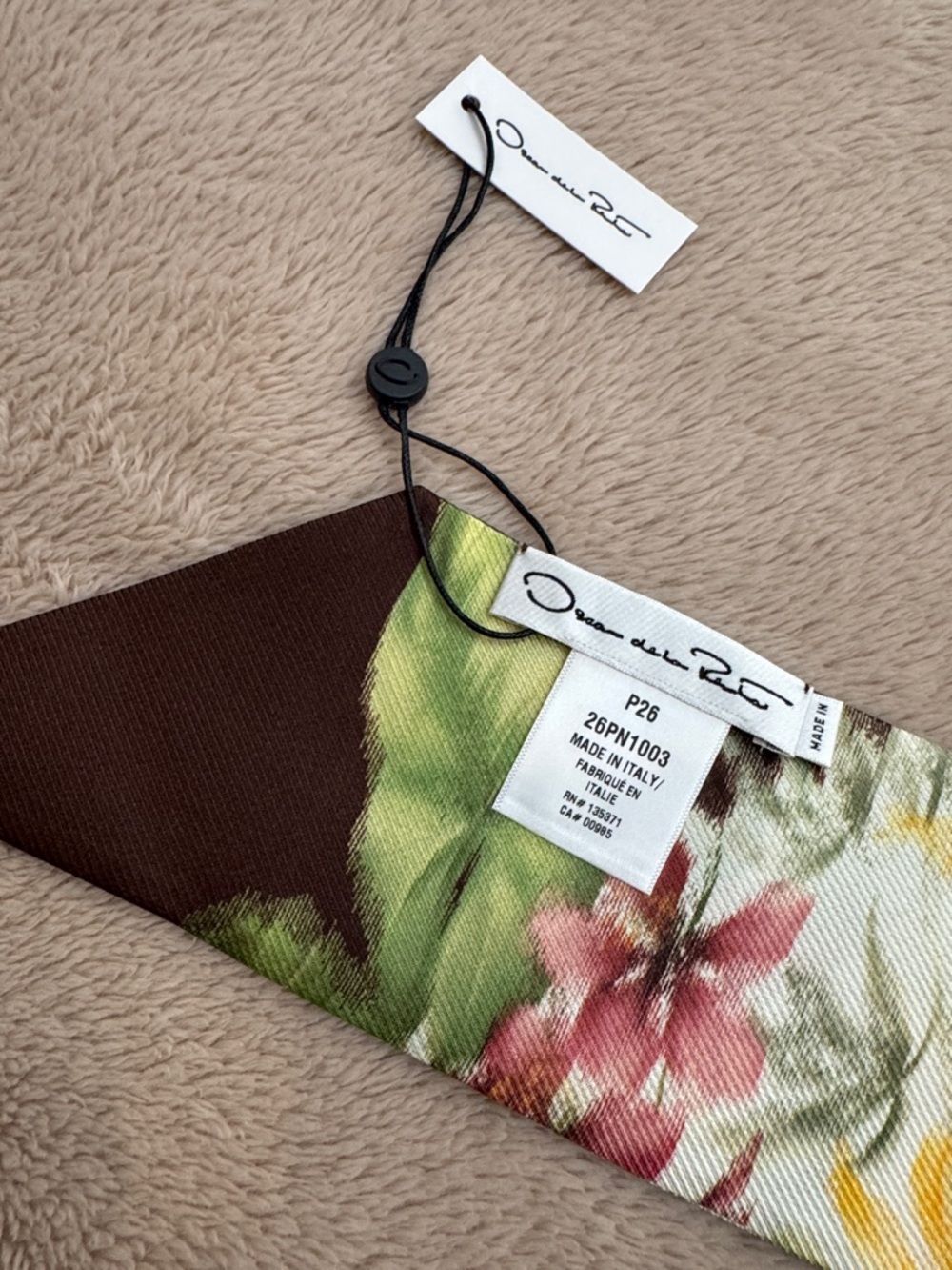 Oscar de la Renta Floral Satin Twilly in White, Green & Brown - Picture 2 of 6